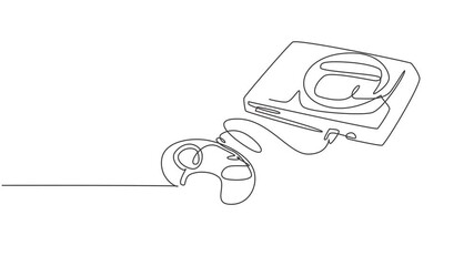 Poster - Animated self drawing of single continuous line draw retro old classic arcade video game player with cassette. Vintage console game item concept. Full length one line animation illustration.