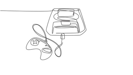 Poster - Self drawing animation of one single line draw retro old classic console video game machine. Vintage arcade game item concept continuous line draw. Full length animated illustration.