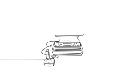 Fototapete - Self drawing animation of one single line draw set of retro old classic arcade video game player with joystick. Vintage console game item concept continuous line draw. Full length animated.