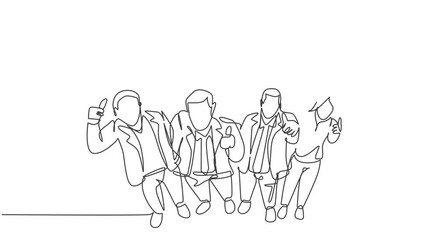 Wall Mural - Self drawing animation of single line draw happy male female managers raise their hand into the air giving thumbs up gesture. Business celebration concept continuous line draw. Full length animated.