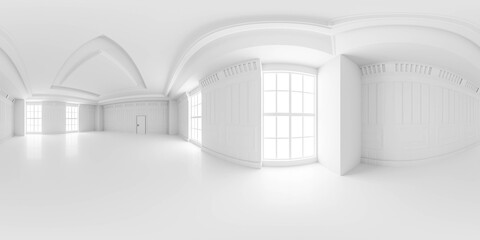 Poster - Full 360 degree equidistant equirectangular spherical panorama of white empty classic vintage studio interior 3d render illustration hdri hdr vr style