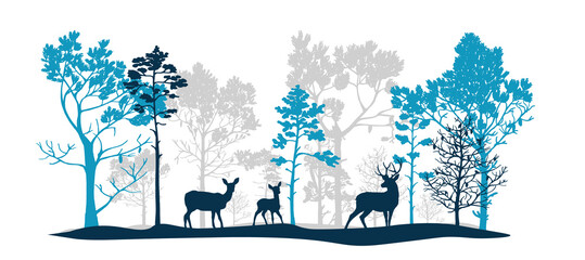 Wall Mural - Blue and gray set of trees of different shapes and sizes, deer, doe, fawn. Brush. Silhouettes of forest and animals. Illustration isolated on white background.