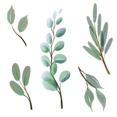 Wall Mural - set of watercolor green leaves isolated on white background for design decorative or invitation wedd