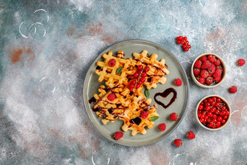 Wall Mural - Homemade waffles with raspberries and red currants.