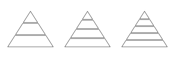 pyramids line icon set for infographics. triangles outline with 3, 4, 5 levels. hierarchy design gra