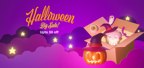 Canvas Print - Happy Halloween big sale banner or party in illustration paper arts style. Trick or Treat Invitation card with text in 3d rendering