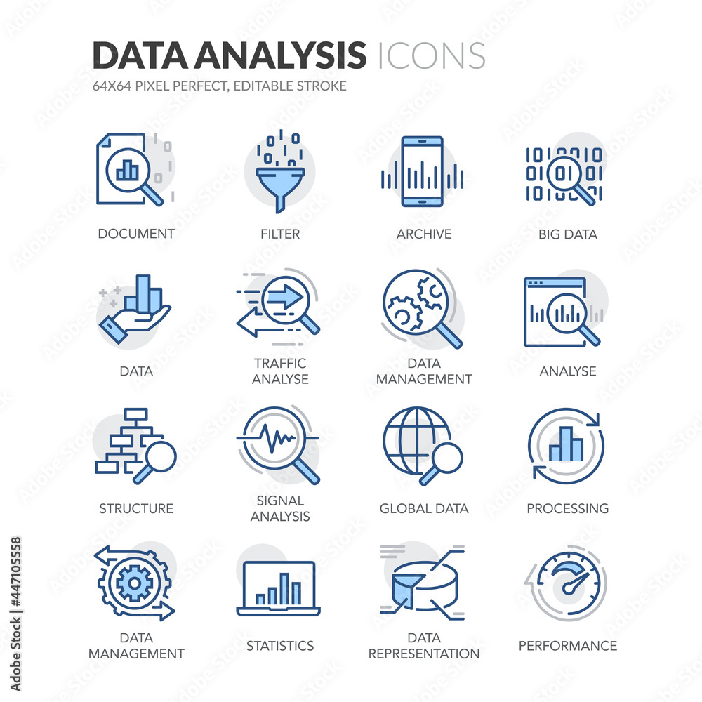 Simple Set of Data Analysis Related Vector Line Icons.  Contains such Icons as Big Data, Processing, Performance and more. Editable Stroke. 64x64 Pixel Perfect. - obrazy, fototapety, plakaty 