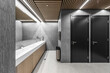 Interior of a modern public restroom with wood and grey clay elements and black doors