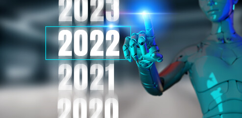 Wall Mural - 2022 New year robot technology futuristic modern background. 3D Android pointing finger to 2022.