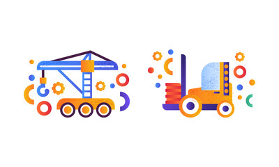 Sticker - Heavy Industrial Machinery Set, Industrial Hoisting Crane and Forklift Truck, Flat Vector Illustration