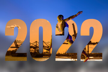 Poster - 2022 new year robot technology futuristic modern background. 3d android robot runs across 2021 to 20