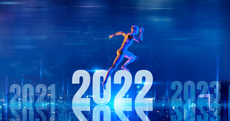 Poster - 2022 new year robot technology futuristic modern background. 3d android robot runs across 2021 to 20