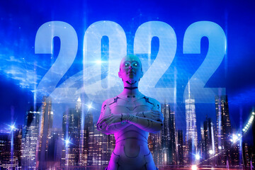 Poster - 2022 new year robot technology futuristic modern background. 3d android robot strand on 2022 skyscra