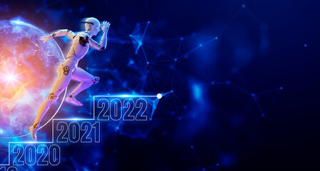 Poster - 2022 new year robot technology futuristic modern background. 3d android robot runs across 2021 to 20
