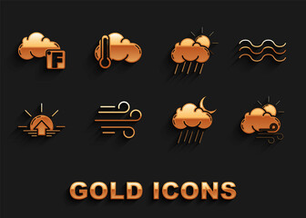 Poster - Set Wind, Waves, Windy weather, Cloud with rain and moon, Sunrise, sun, Fahrenheit cloud and Thermometer icon. Vector