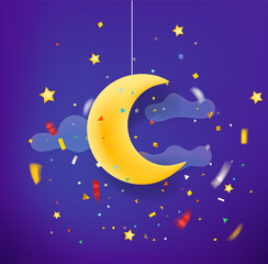 Poster - Yellow moon and stars in the night