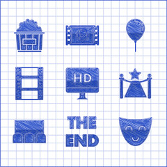 Wall Mural - Set Computer PC monitor with HD video technology, The End handwritten inscription, Comedy theatrical mask, Carpet barriers star, , Play Video, Balloon ribbon and Popcorn cardboard box icon. Vector