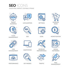 Wall Mural - simple set of seo related vector line icons. contains such icons as localization, traffic, performan