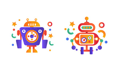 Poster - Set of Colorful Robots Icons, Funny Service Chatbots Flat Vector Illustration