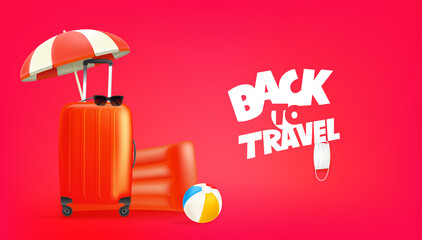 Aufkleber - Red travel bag with beach umbrella, sunglasses, beach ball and mattress