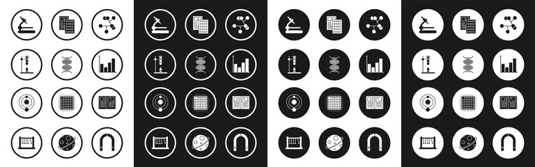 Sticker - Set Molecule, DNA symbol, Glass test tube flask on fire heater, Microscope, Pie chart infographic, Pills blister pack, Open book and Solar system icon. Vector