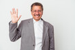 © Asier - Middle aged indian business man isolated on white background smiling cheerful showing number five with fingers.