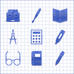 Poster - Set Calculator, Book, Pencil with eraser, Marker pen, Glasses, Drawing compass, Open book and Graduation cap on screen laptop icon. Vector