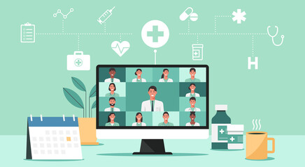 telemedicine, online medical consultation and support services concept, virtual healthcare with doctors connecting together via computer with icon, video conference, vector flat illustration