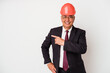 © Asier - Senior american arquitech man isolated on white background smiling and pointing aside, showing something at blank space.