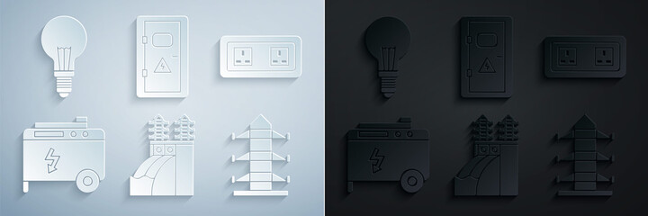 Poster - Set Nuclear power plant, Electrical outlet, Portable electric generator, High voltage pole line, cabinet and Light bulb with concept of idea icon. Vector