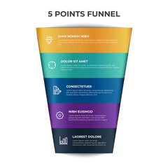 Poster - funnel chart infographic element vector with 5 points, options, list, can be used for digital marketing, sales, process flow