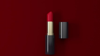 Poster - 3D open lipstick with a cap on a red background. Minimal modern motion design. Abstract animation