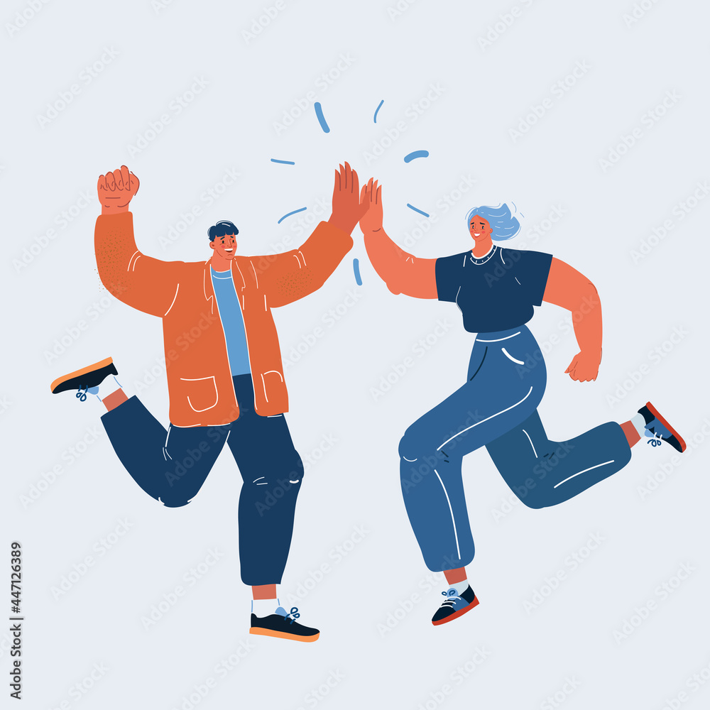 Vector illustration of man and woman congratulating each other. Giving a high fives gesture with their hands as they celebrate a business success - obrazy, fototapety, plakaty 