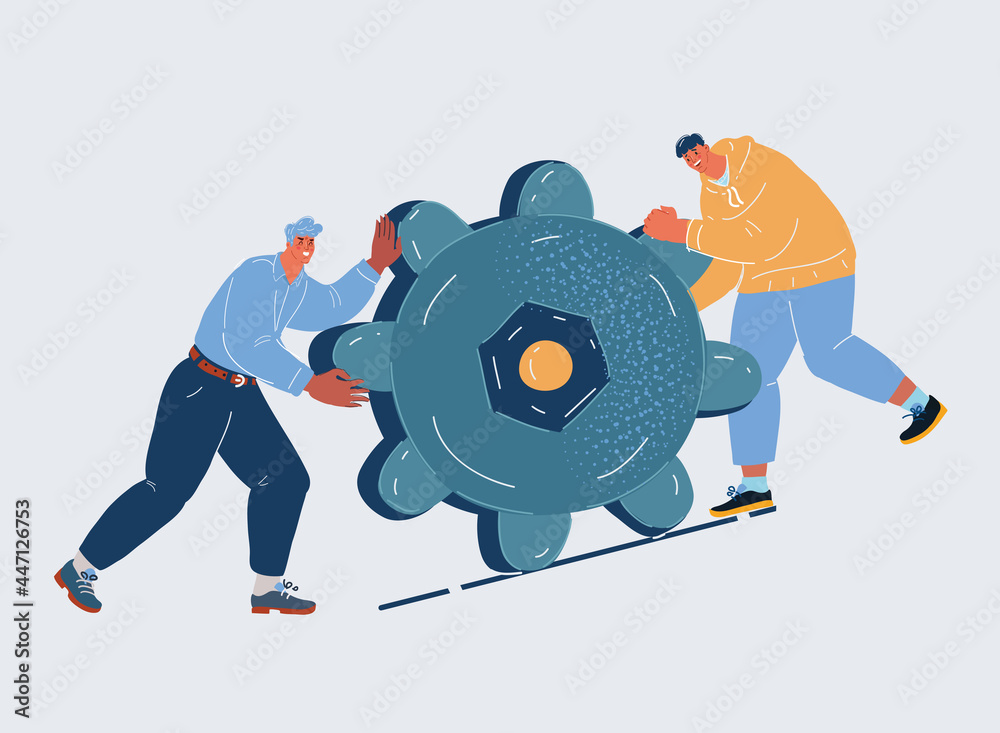Vector illustration of people push gears together. Two man work together. - obrazy, fototapety, plakaty 