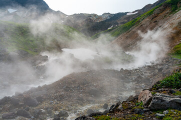 Mountain landscape at Paramushir Island, Kuril Islands, Russia. The Yurievskie hot springs