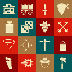 Wall Mural - Set Tomahawk axe, Dynamite bomb, Crossed arrows, Dagger, Game dice, Canteen water bottle, Wild west saloon and Cowboy icon. Vector