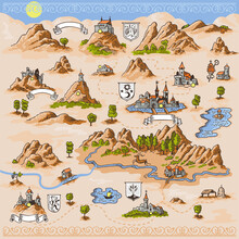 Medieval European Map Engraving And Woodcut Style Vector Cartography Landmark Illustrations