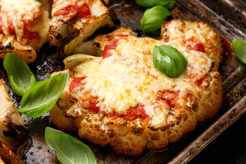 Wall Mural - Baked Cauliflower steak with marinara sauce and cheese on rustic tray. Healthy vegetarian food