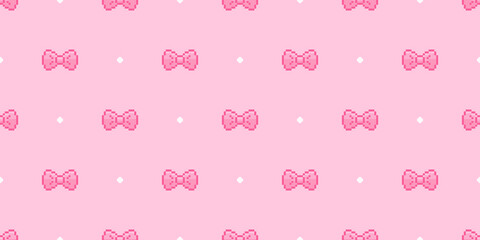 Canvas Print - Pixel art bows and ribbons pink seamless pattern. Vector 8 bit cute princess background.