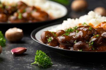 Wall Mural - Mushrooms in Balsamic Soy rich sauce with rice. healthy vegan food.