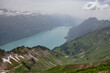 Aerial Panoramic View - Train from Rothorn to Brienz - Brienz-Rothorn bahn is a cogwheel narrow gauge railway with beautiful mountain and Brinzersee lake views in Switzerland, Swiss Alps