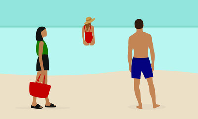 Female and male characters in the summer on the beach