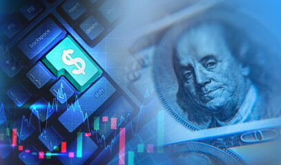 Poster - Investment business concept. Keyboard symbolizes technology or software. Background investment. Charts and dollar bill near keyboard. Trading software. Trading on electronic financial exchange.
