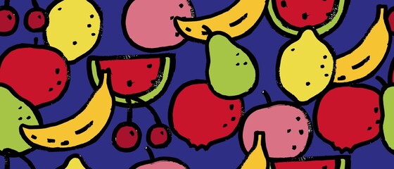 Wall Mural - Seamless pattern with colorful fruits, berries. Hand painted style. Rough grunge brush stroke texture.