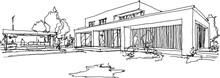 Hand Drawn Architectural Sketches Of Modern Two Story Detached House With Flat Roof And People Around