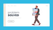 Problem Solved Landing Page Template. Overworked Businessman Carry Huge Steak of Documents Folders. Workaholic Character