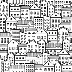 Poster - House pattern. Doodle sketch style seamless background. Hand drawn home with roof vector illustration for texture, print.