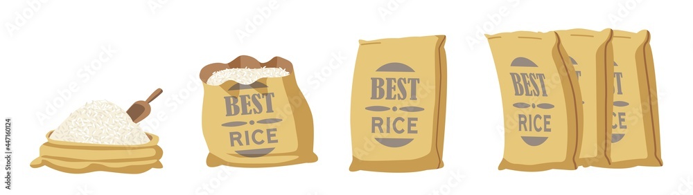 Best Rice Burlap Bags, Open Sacks with Farm Production Grains and Scoop in Brown Textile Bales. Closed Sacks with Print - obrazy, fototapety, plakaty 