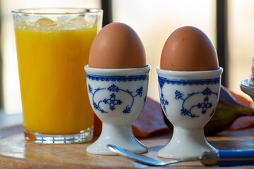 Continental breakfast with soft-boiled chicken egg served outdoor