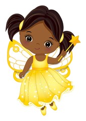 Wall Mural - Cute African American Fairy Girl with Ponytails Holding Magic Wand